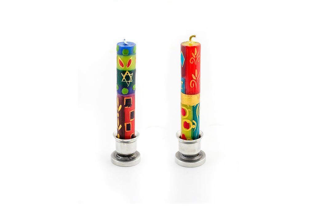 Small hand made pewter taper candle holder with Judaica shabbat hand painted candles.   