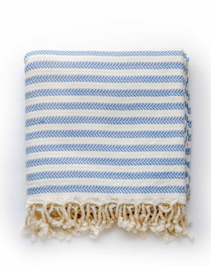 Blue &  White Turkish Towel with white tassels. Fair Trade products