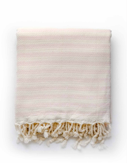 Soft pink & White Turkish Towel with white tassels. Fair trade products