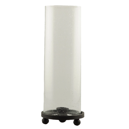 Hurricane style taper holder that holds one taper with a glass cone sitting on a black cast base. 