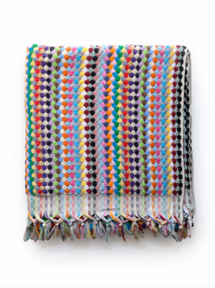 Turkish hand made pompom towel!  Hand woven with various bright color stripes. Pompoms on the edge.