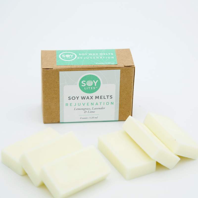 Rejuvenation box of wax (Lemongrass, lavender, and lime) melts Used in burners to scent your rooms. 6 bars that are reusable. Recycled paper box.