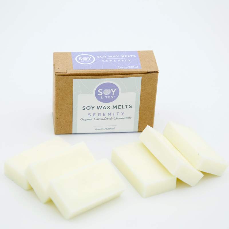 Serenity box of wax melts (Lavender & Chamomile)  Used in burners to scent your rooms. 6 bars that are reusable. Recycled paper box.
