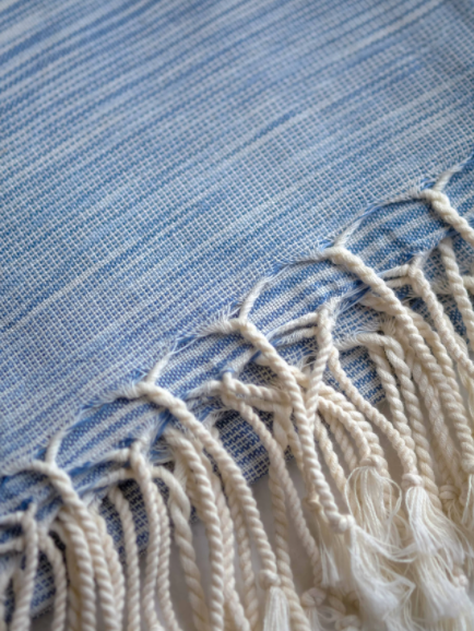 Close up of the blue zebra to show the discreate stripes and long cream fringe..